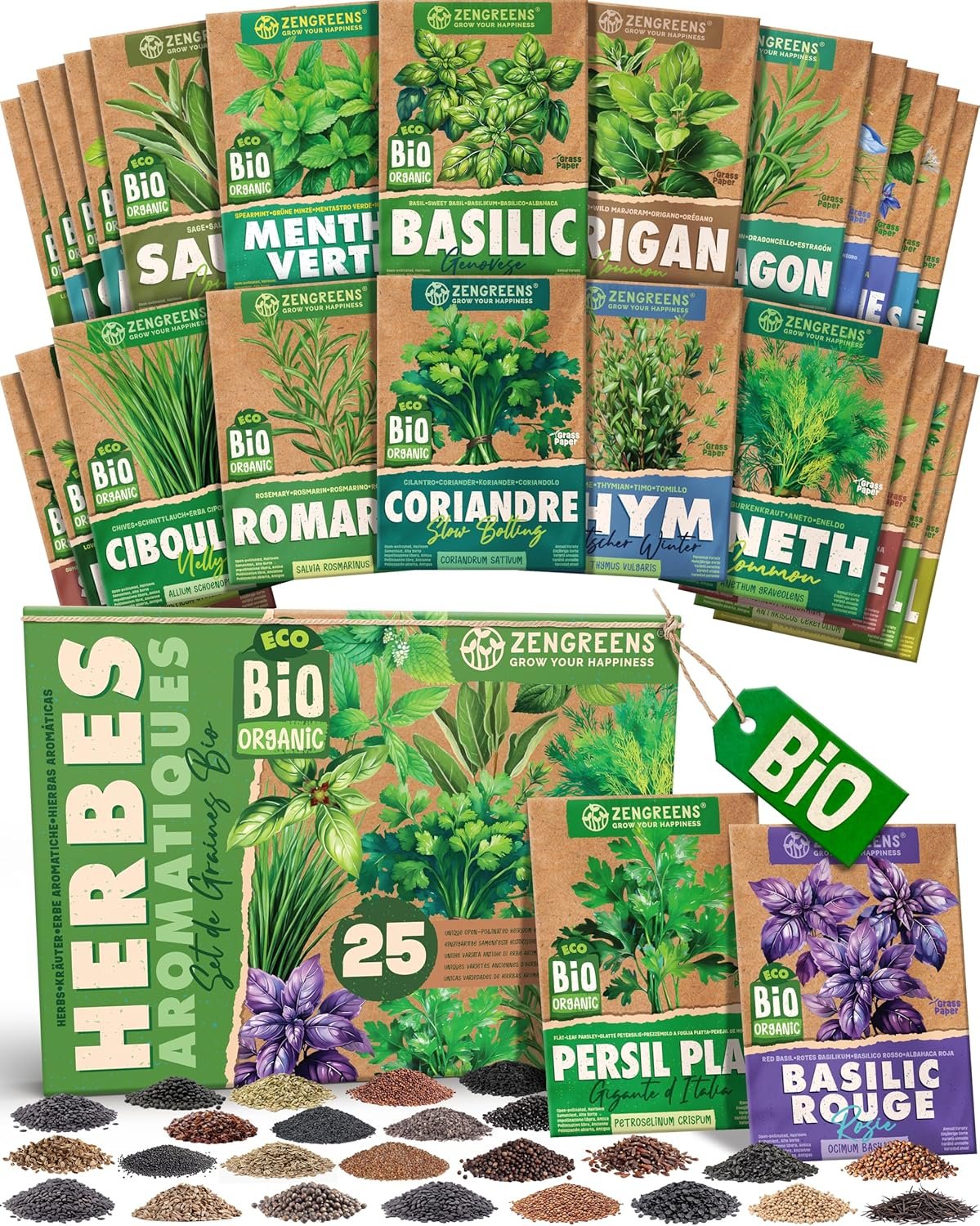 Kit graines herbes aromatiques bio ZenGreens : 25 variétés pour jardin, balcon et cuisine – Image 1